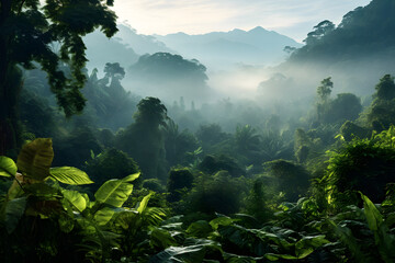 A misty forest shrouded in fog, with tall trees and majestic mountains in the distance. A tranquil and serene setting to explore and discover the beauty of nature.