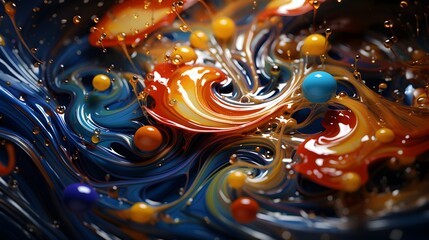 Bright, colourful droplets of water and paint isolated against empty background. Reflection captures pure nature.