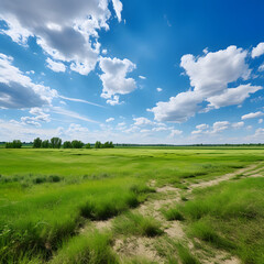 Fototapeta na wymiar A beautiful grassy field stretches out beneath a bright blue sky. Puffy white clouds fill the sky, providing a stunning backdrop to the lush green meadow.