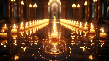 Row of candle holders in a peaceful place of worship with flickering flames.