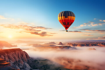 A magnificent hot air balloon soaring gracefully in the sky with its vibrant colors painting a beautiful picture. Enjoy the tranquility of nature with this amazing sight!