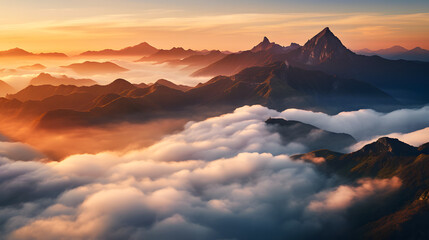 A majestic mountain range is bathed in the warm light of the setting sun, its jagged peaks illuminated by the golden rays. Clouds drift lazily across the sky.