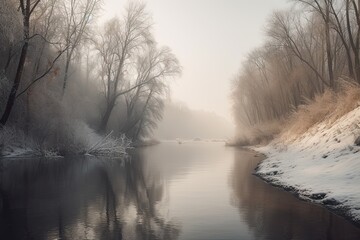 Fototapeta premium Winter Forest River Background: Scenic Nature Landscape with Snowy Trees