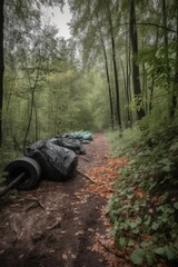Ecology volunteers cleaning forest or park from plastic garbage and trash. Group of active people cleaning outdoors. Ecology protection movement and nature pollution problems concept.