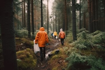 Ecology volunteers cleaning forest or park from plastic garbage and trash. Group of active people cleaning outdoors. Ecology protection movement and nature pollution problems concept.