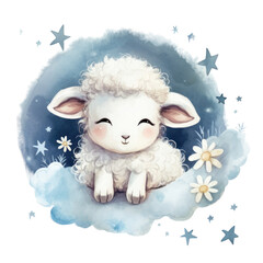 Obraz premium Cute watercolor baby good night sheep on moon Illustration AI Generative