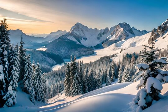 An image of a picturesque mountain range covered in a blanket of snow, with clear blue skies and evergreen trees.