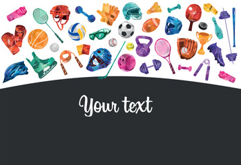 Fototapeta premium Sport vector colorful illustration background. Sports equipment inventory. Healthy lifestyle tools. 