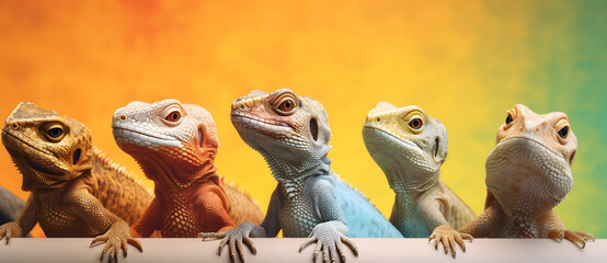 a line of small lizards all different sizes sitting on a ledge Generated by AI - Powered by Adobe