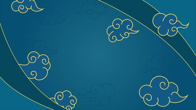 blue background with curly traditional japanese chinese cloud gold