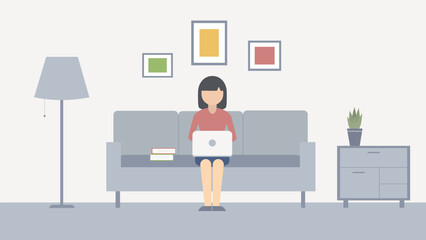 Female character works or studies at home on laptop. Apartment interior vector illustration. 