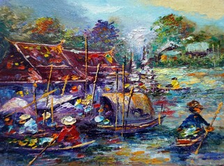 Fototapeta na wymiar Art painting Oil color Floating market Thailand countryside