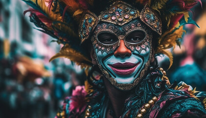 Smiling woman in traditional costume at festival generated by AI