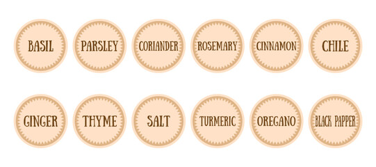 sticker for spice. inscriptions basil, pepper, coriander, chili, salt and others. vector illustration. on a white background. spices in the kitchen. spices for cooking. cook. food.