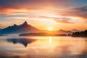 Türaufkleber Berge An image of a vibrant sunset over a serene lake, with colorful reflections shimmering on the water