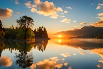 An image of a vibrant sunset over a serene lake, with colorful reflections shimmering on the water - Powered by Adobe