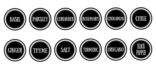 sticker for spice. inscriptions basil, pepper, coriander, chili, salt and others. vector illustration. on a white background. spices in the kitchen. spices for cooking. cook. food.