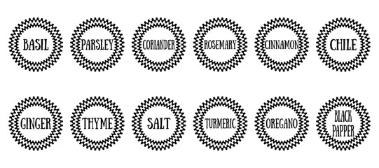 sticker for spice. inscriptions basil, pepper, coriander, chili, salt and others. vector illustration. on a white background. spices in the kitchen. spices for cooking. cook. food.