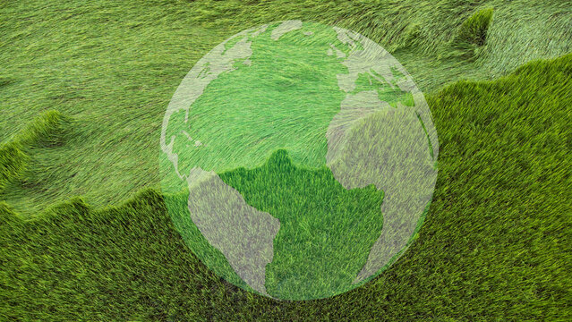 earth planet on green background of rice,clean energy concept. It is a concept that shows energy saving to save the environment in the future.