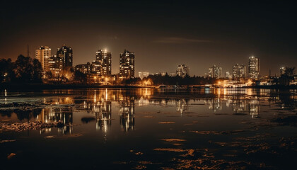 Obraz premium Bright city skyline reflects on tranquil water generated by AI