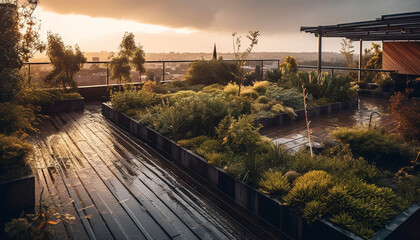 Fototapeta premium Tranquil dusk, nature beauty in formal garden generated by AI