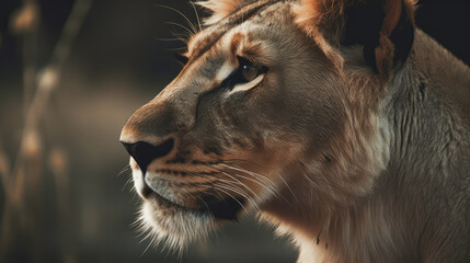 beautiful lion in its natural habitat. Close up of lion in African plain. Post-processed generative AI