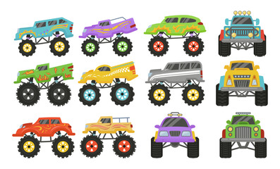 Cartoon monster trucks heavy cars with large tires and black tinted windows set vector flat