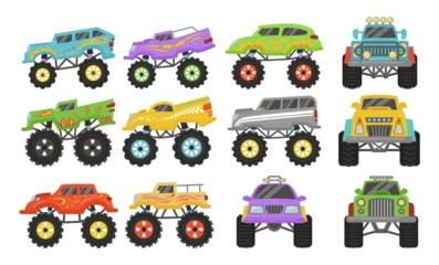 Fototapete Autorennen Cartoon monster trucks heavy cars with large tires and black tinted windows set vector flat
