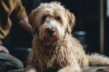 Haircut of a long-haired purebred dog in the groomer's salon, AI Generated