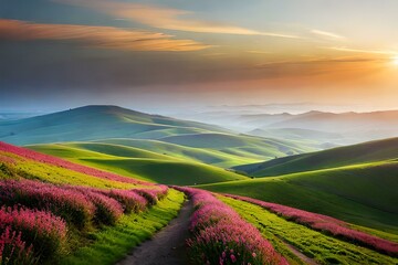 An image of rolling green hills dotted with colorful wildflowers, under a clear blue sky.
