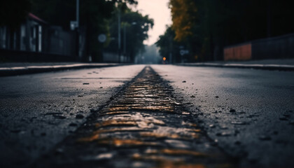 Wet asphalt, blurred motion, vanishing point ahead generated by AI