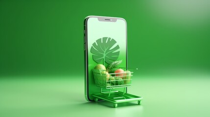 Eco-Friendly Ecommerce, 3D Rendered Concept of Online Shopping on a Smartphone, Emphasized by a Refreshing Green Background, generative ai.