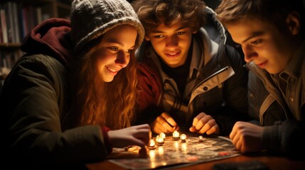 Young Couples Engaged in Heated Board Game at Home. Generative AI