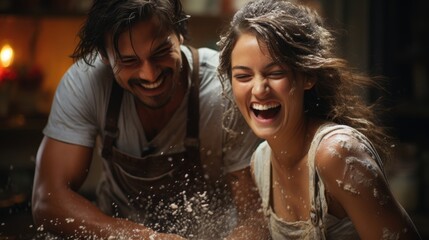 Obraz premium Young Married Couples Engaging in Fun-Filled Baking Session. Generative AI