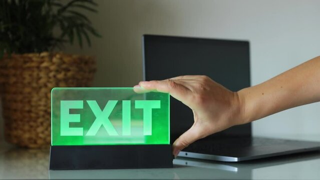 the word exit, the symbol way out of a difficult situation, the concept of finding an idea or coming up with a life hack.