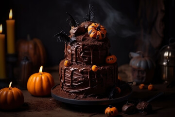 Spooky Halloween cake decorated with spiders and pumpkins on dark background, AI Generated