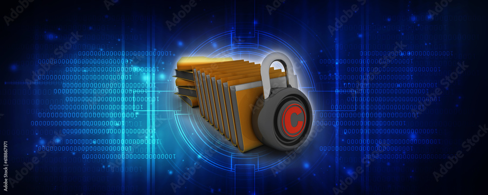 Poster 3d rendering yellow folder and lock. data security concept