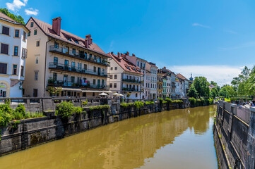 A view from the Shoemakers Bridge down the River Ljubljanica in Ljubljana, Slovenia in summertime