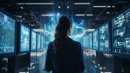 3D Render: Successful Female IT Specialist Harnessing Augmented VFX in Data Center: Empowering Cyber Data Security and Cloud Computing.
