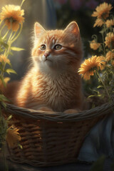 Fototapeta na wymiar Beautiful Orange Cat in a Basket - AI Generative - Midjourney