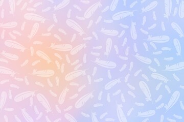 White bird feathers on coloured background in pastel shades. Blue-pink-yellow background, baby pattern