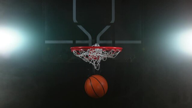 Super slow motion of basketball ball hitting the basket. Filmed on high speed cinema camera, 1000fps.