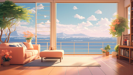 Fototapeta premium アニメの背景素材-海の見えるリビング