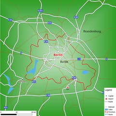 Map of the capital city Berlin with main streets, rivers, lakes, urban areas and names of counties near