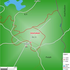 Map of the capital city Islamabad with main streets, rivers, lakes, urban areas and names of counties near