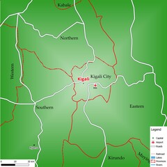 Map of the capital city Kigali with main streets, rivers, lakes, urban areas and names of counties near
