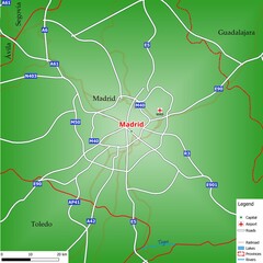 Map of the capital city Madrid with main streets, rivers, lakes, urban areas and names of counties near