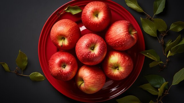 Fresh red with yellow apples on a plate with leafs. For banner,poster, site, web. Photo Ai generated.