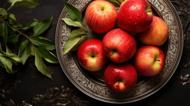 Fresh red with yellow apples on a plate with leafs. For banner,poster, site, web. Photo Ai generated.