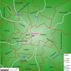 Map of the capital city Pristina with main streets, rivers, lakes, urban areas and names of counties near